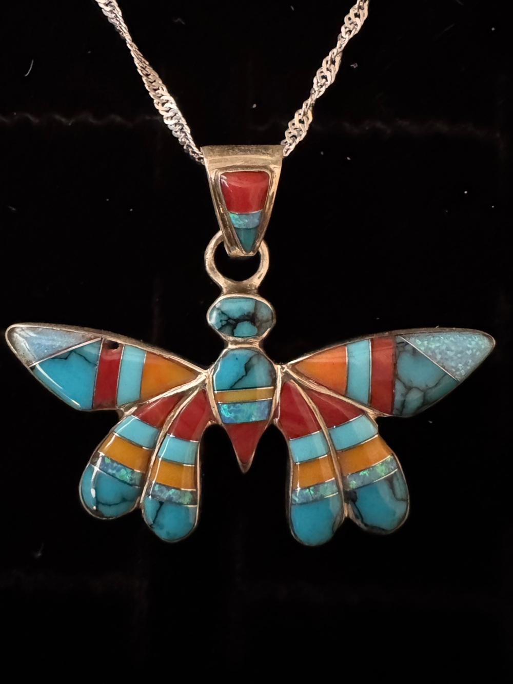 Sterling silver butterfly Pendant Native‎ w/Turquoise, Coral & Orange Inlay